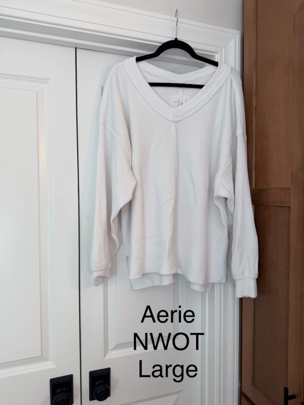 Aerie White Waffle V-Neck Long Sleeve Pullover